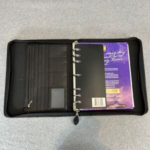 Day-Timer Planner Folio Black Leather 7-Ring Zippered Organizer Professional